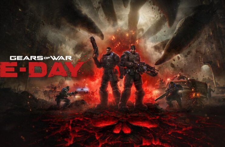 Marcus Fenix and Dom Santiago stand together as the Locust attack Kalona in Gears of War: E-Day.