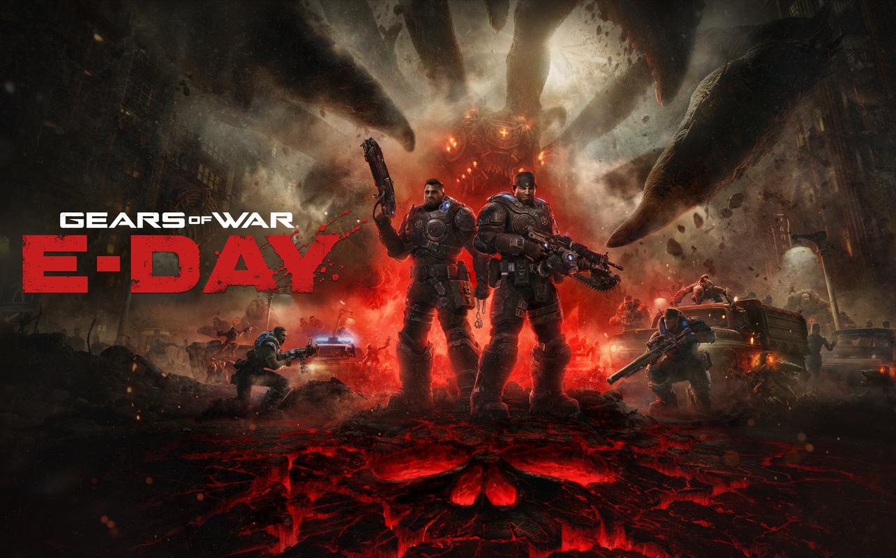 Marcus Fenix and Dom Santiago stand together as the Locust attack Kalona in Gears of War: E-Day.