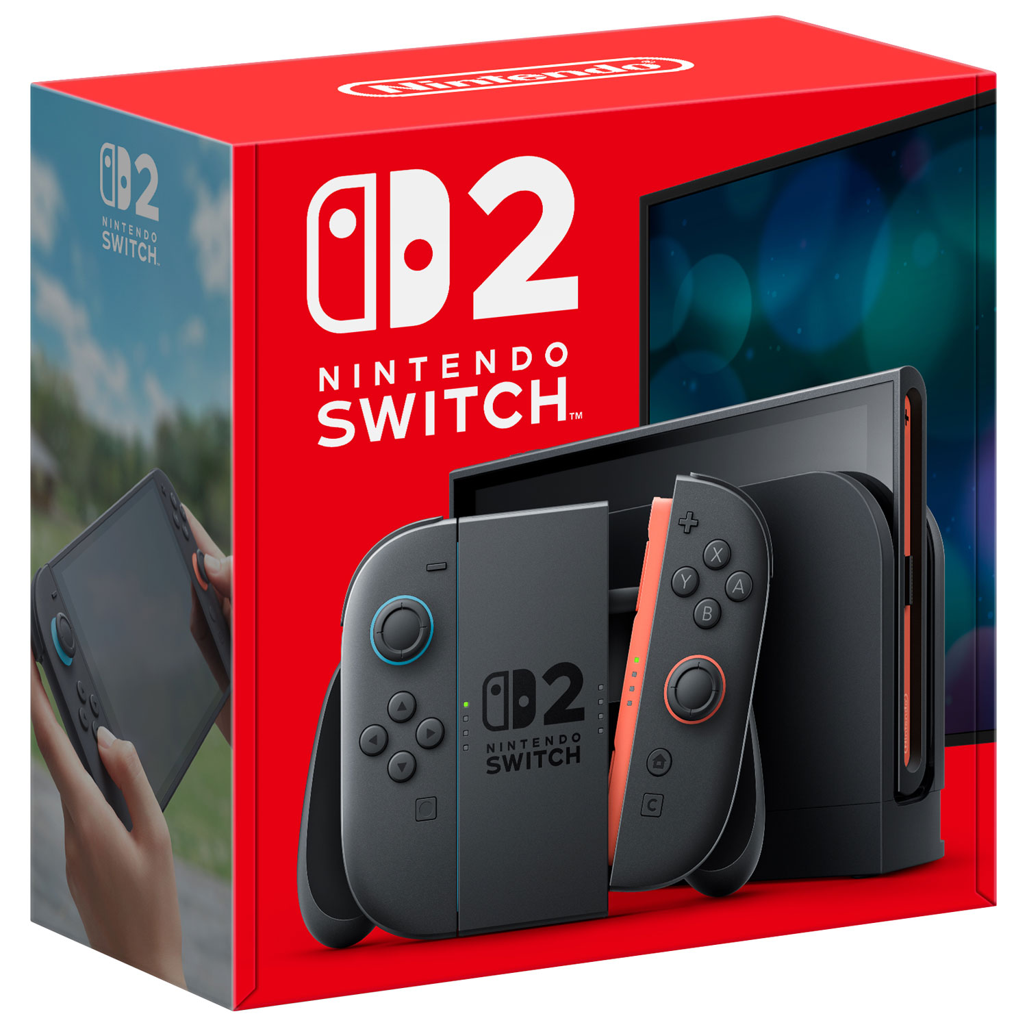 Nintendo Switch 2 console with Joy-Con 2 controllers and dock.