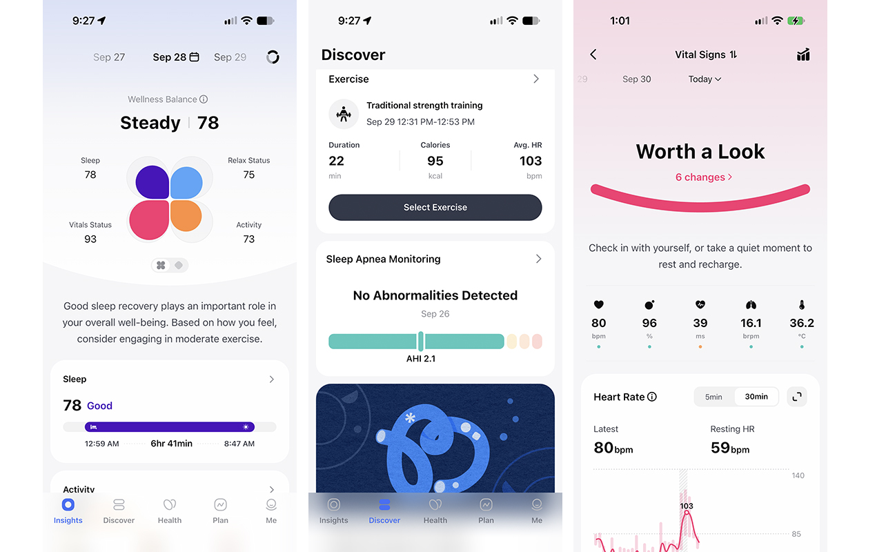 Three screenshots from the RingConn app