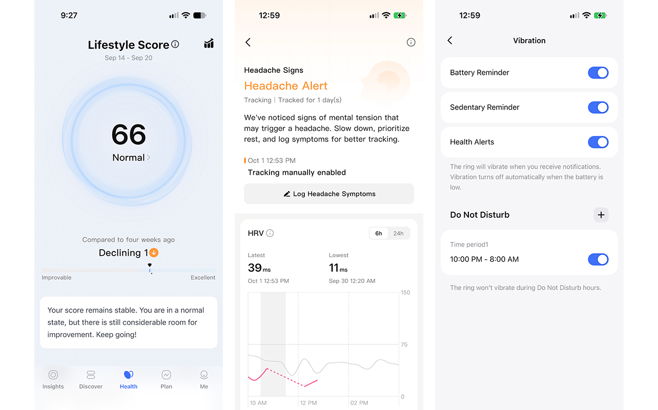 Three screenshots from the RingConn app