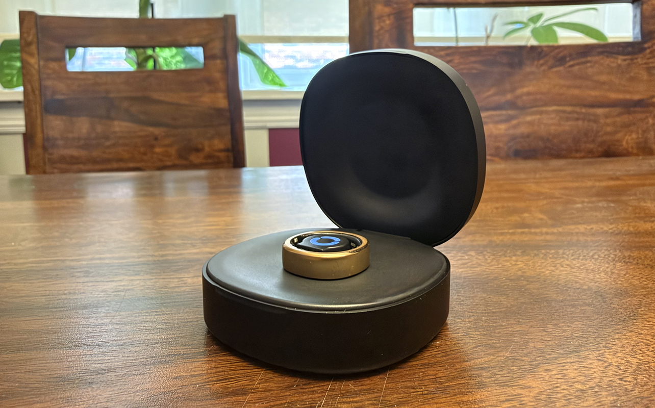 The RingConn Gen 3 smart ring in its case.