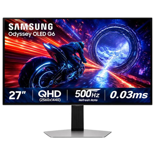 Samsung Odyssey OLED G6 gaming monitor on its stand.