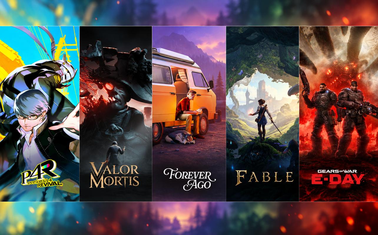 XBOX Game Pass artwork featuring Persona 4 Revival, Valor Mortis, Forever Ago, Fable, and Gears of War: E-Day.