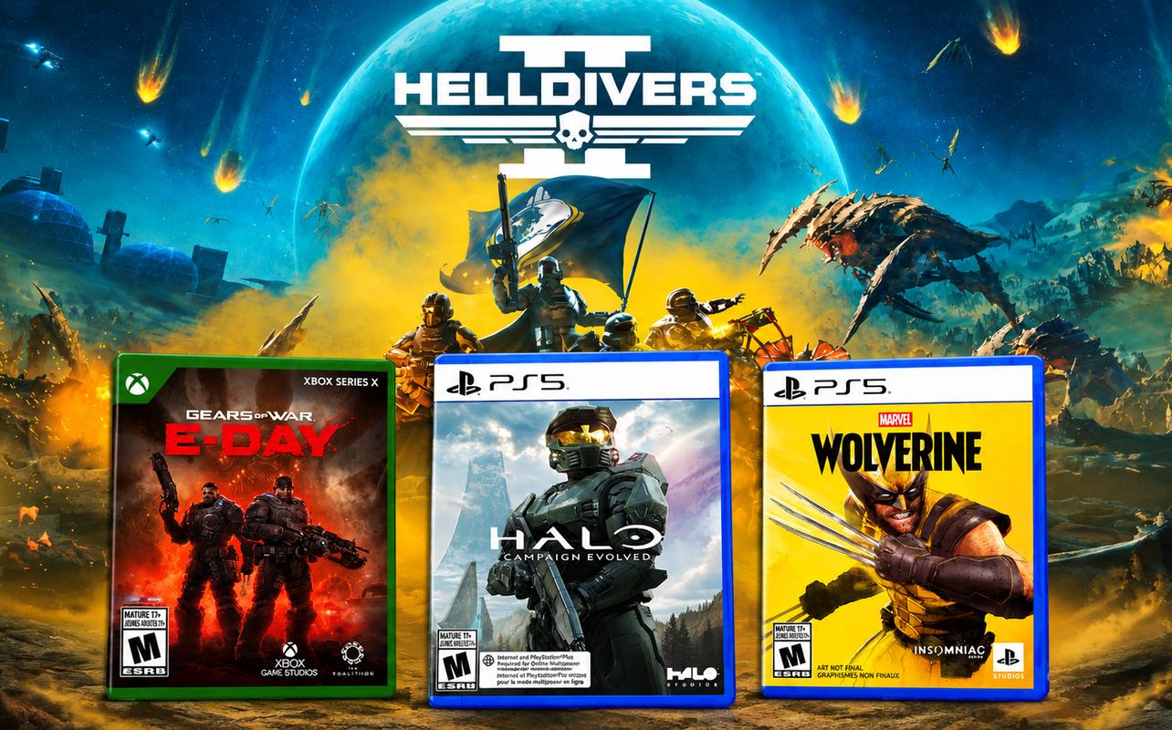 Helldivers 2 artwork behind Gears of War: E-Day, Halo: Campaign Evolved, and Marvel’s Wolverine game covers.