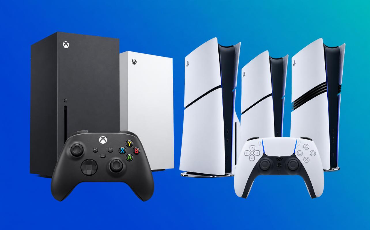 XBOX Series X consoles and PlayStation 5 Slim and PS5 Pro consoles shown with their wireless controllers.